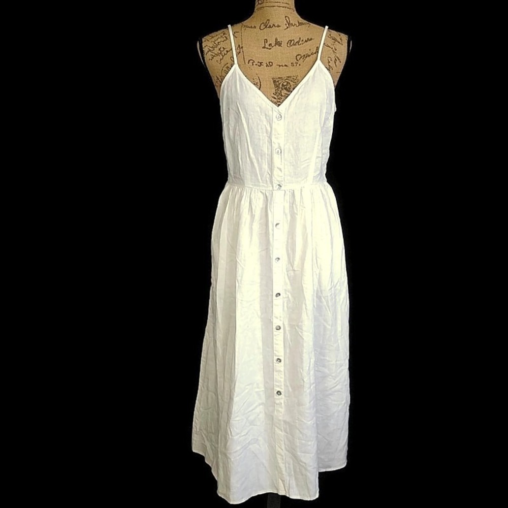 A New Day Midi Dress sz M White Linen Blend Button Front Smocked Back Sundress